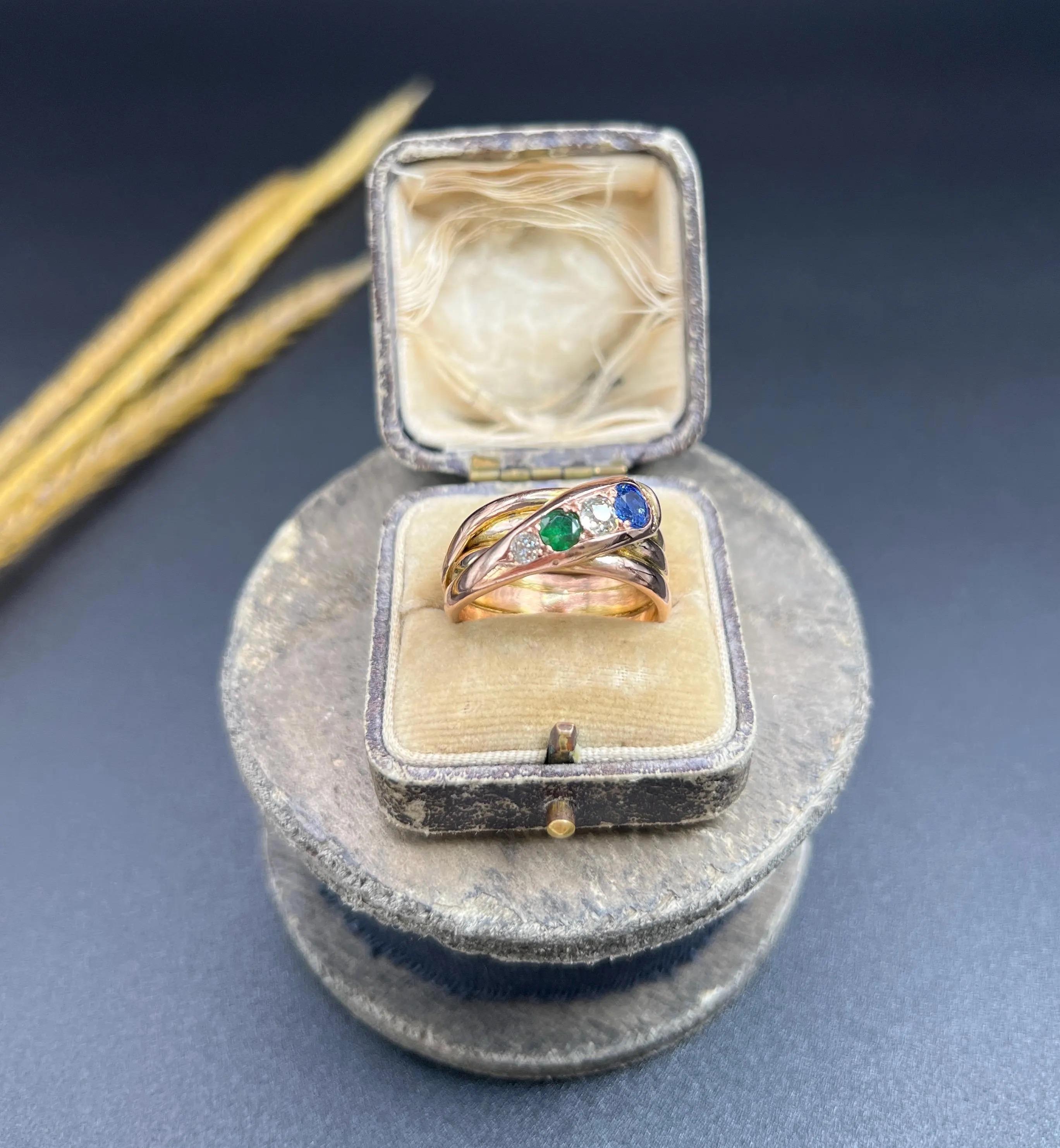 Antique 12ct Rose Gold, Edwardian Sapphire, Diamond & Emerald Snake Ring For Sale 4