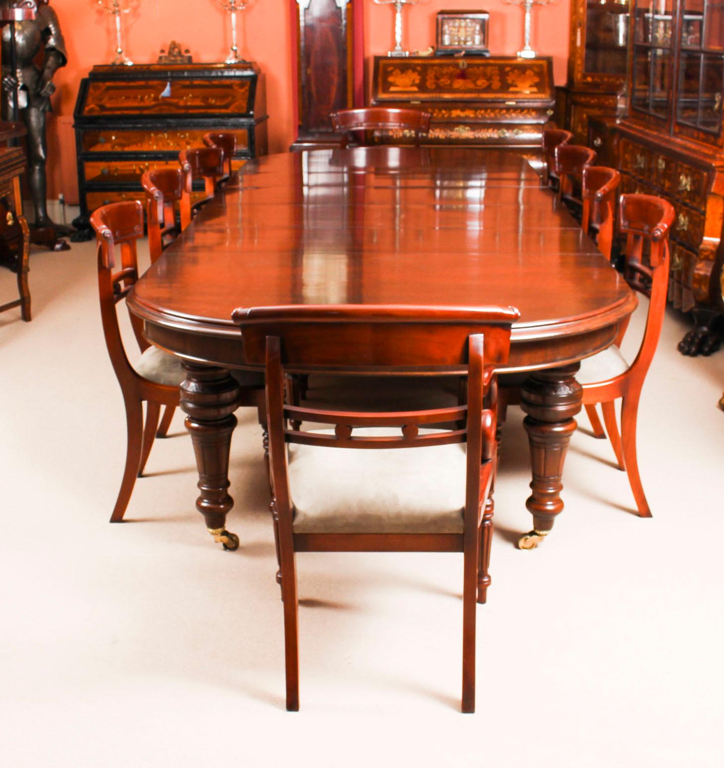 This is a magnificent dining set comprising an antique Victorian solid mahogany D-end dining table, circa 1870 in date, with a set of ten bespoke upholstered back dining chairs.
 
The beautiful table is in stunning flame mahogany and has four leaves