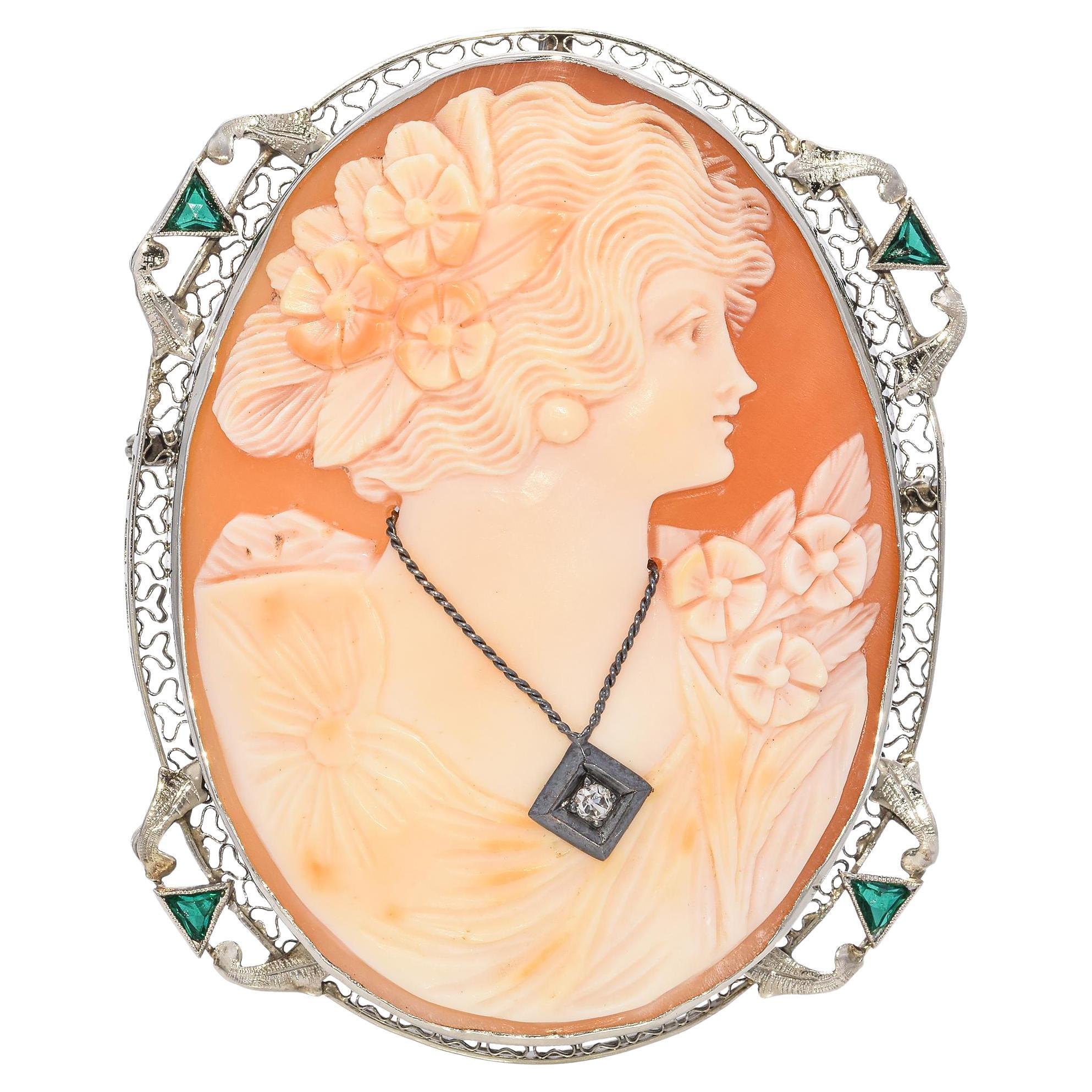 Antique 12K Gold Old Mine Cut Diamond Cameo Filigree Pendant Brooch For Sale