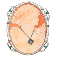 Antique 12K Gold Old Mine Cut Diamond Cameo Filigree Pendant Brooch