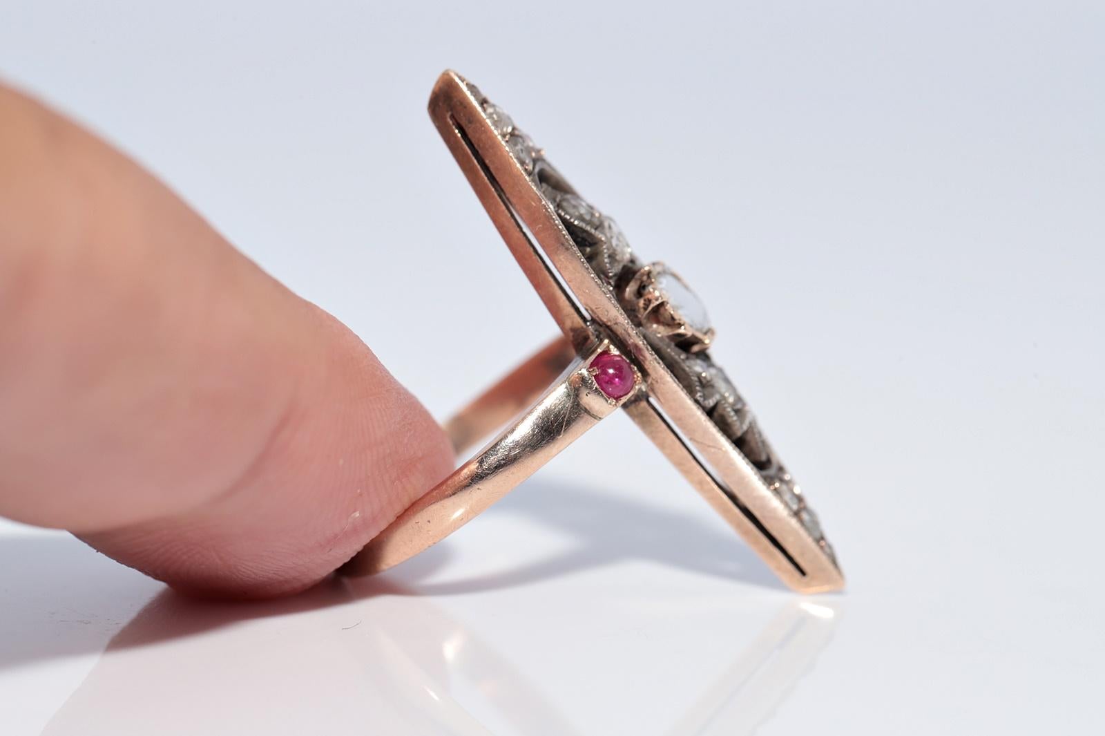 Antike 12k Gold Top Silber natürlichen Rosenschliff Diamant und Rubin Navette Ring im Angebot 5