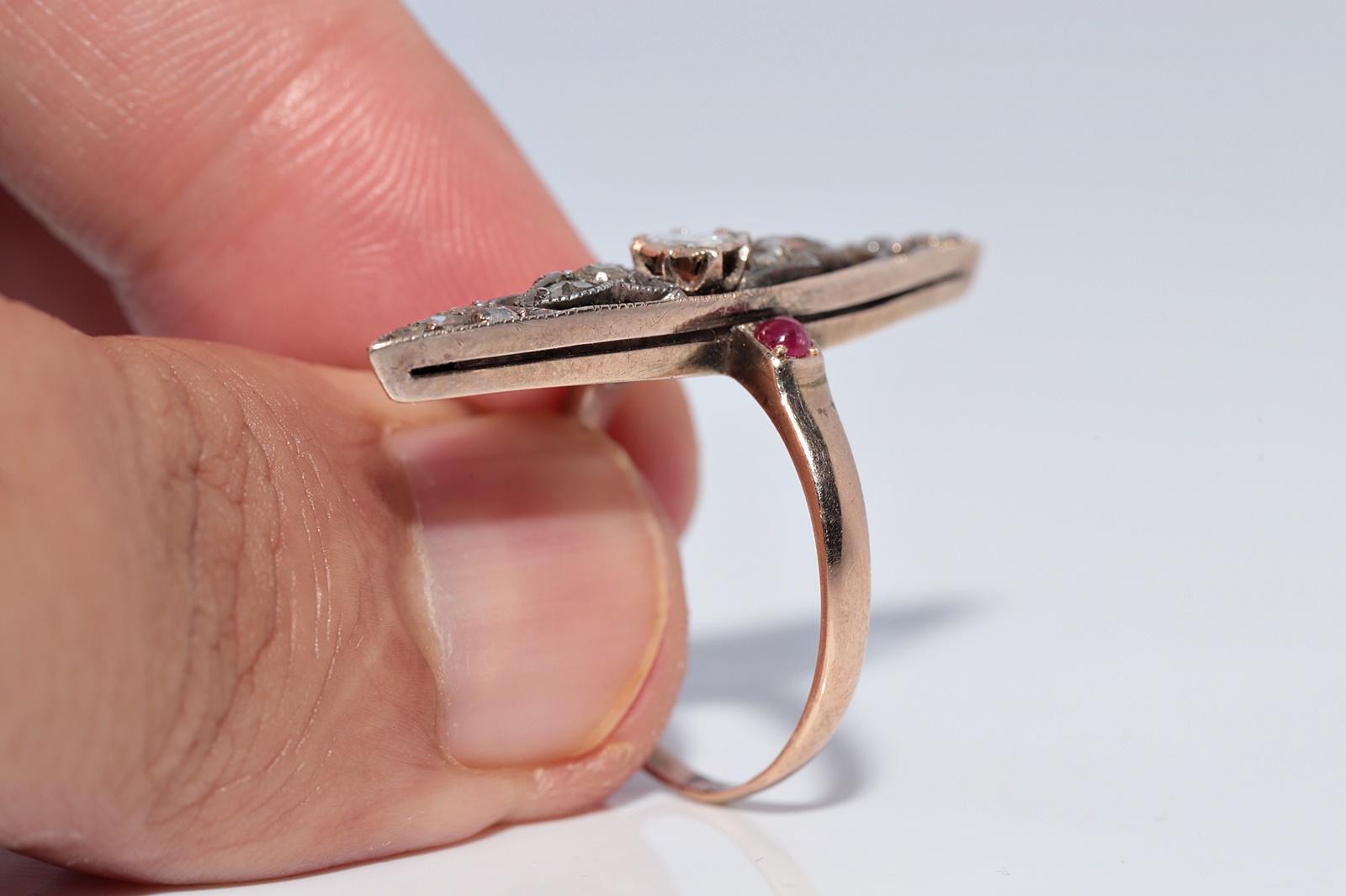 Antike 12k Gold Top Silber natürlichen Rosenschliff Diamant und Rubin Navette Ring im Angebot 6