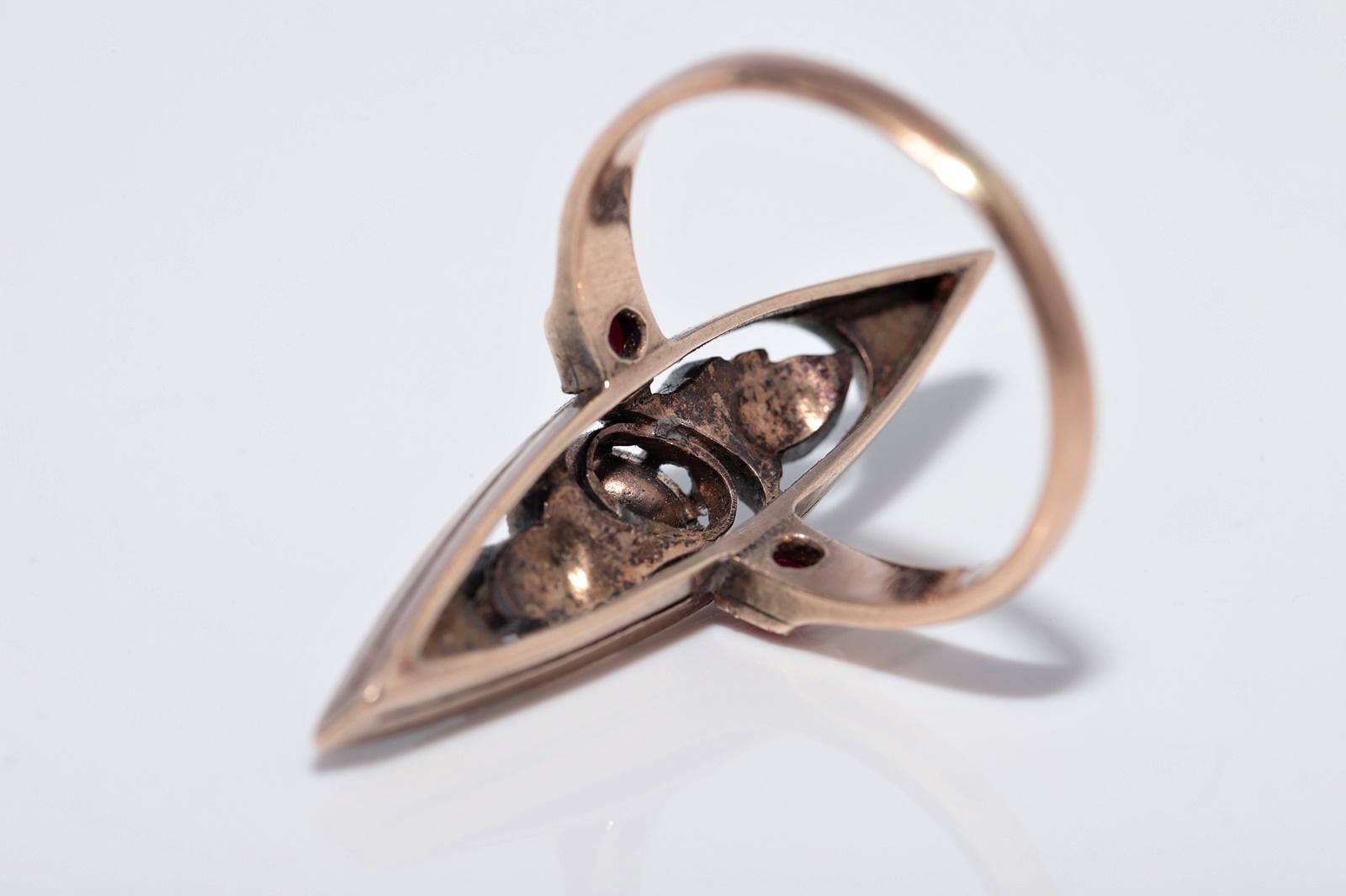 Antike 12k Gold Top Silber natürlichen Rosenschliff Diamant und Rubin Navette Ring im Angebot 7