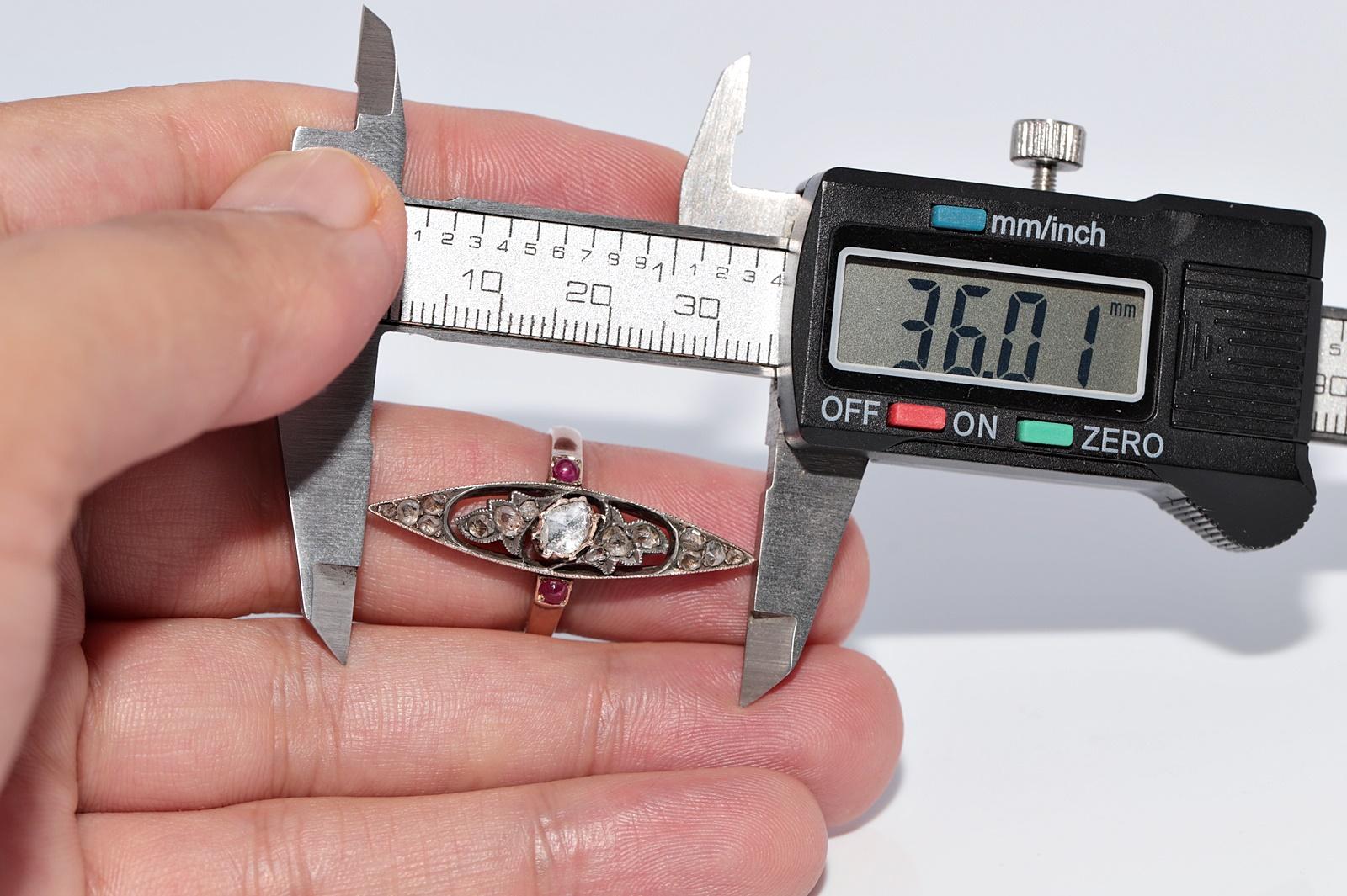 Antike 12k Gold Top Silber natürlichen Rosenschliff Diamant und Rubin Navette Ring im Angebot 8