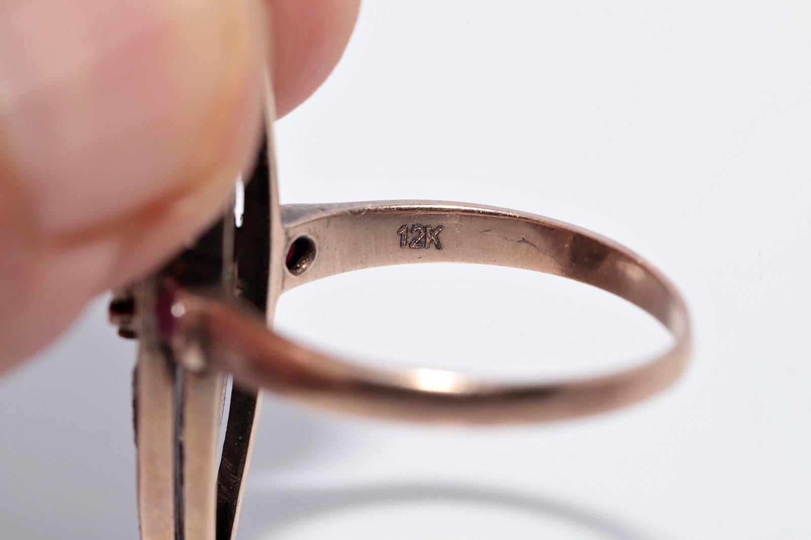 Antike 12k Gold Top Silber natürlichen Rosenschliff Diamant und Rubin Navette Ring im Angebot 10