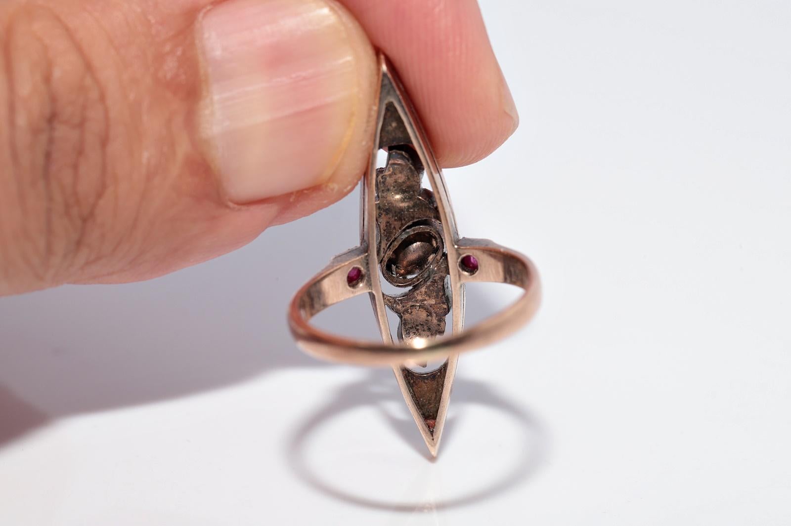 Antike 12k Gold Top Silber natürlichen Rosenschliff Diamant und Rubin Navette Ring im Angebot 11