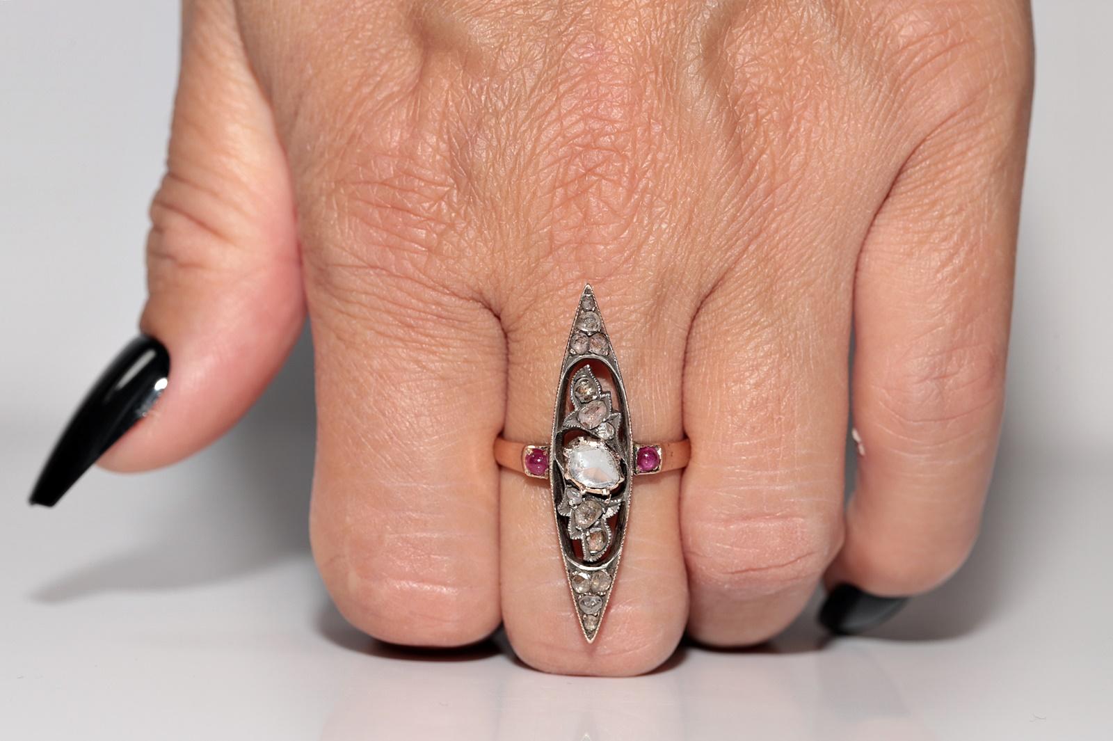 Victorien Bague ancienne en argent 12k avec diamant naturel taillé en rose et navette en rubis en vente