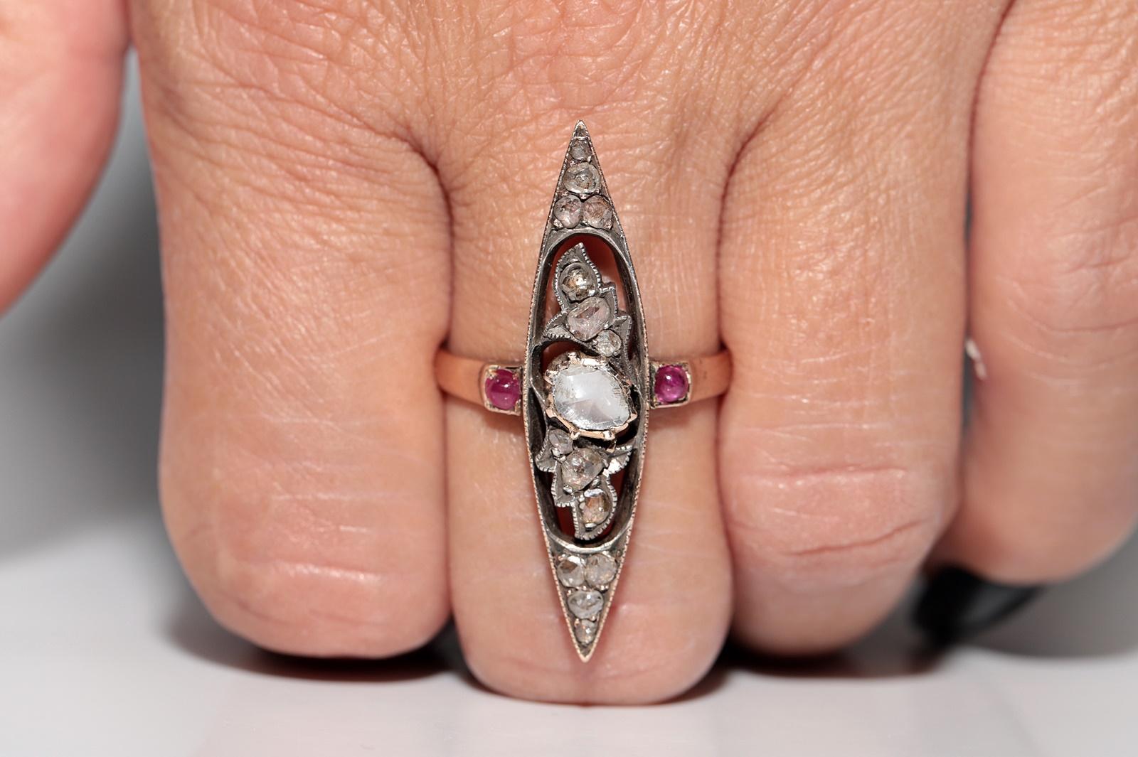Taille rose Bague ancienne en argent 12k avec diamant naturel taillé en rose et navette en rubis en vente
