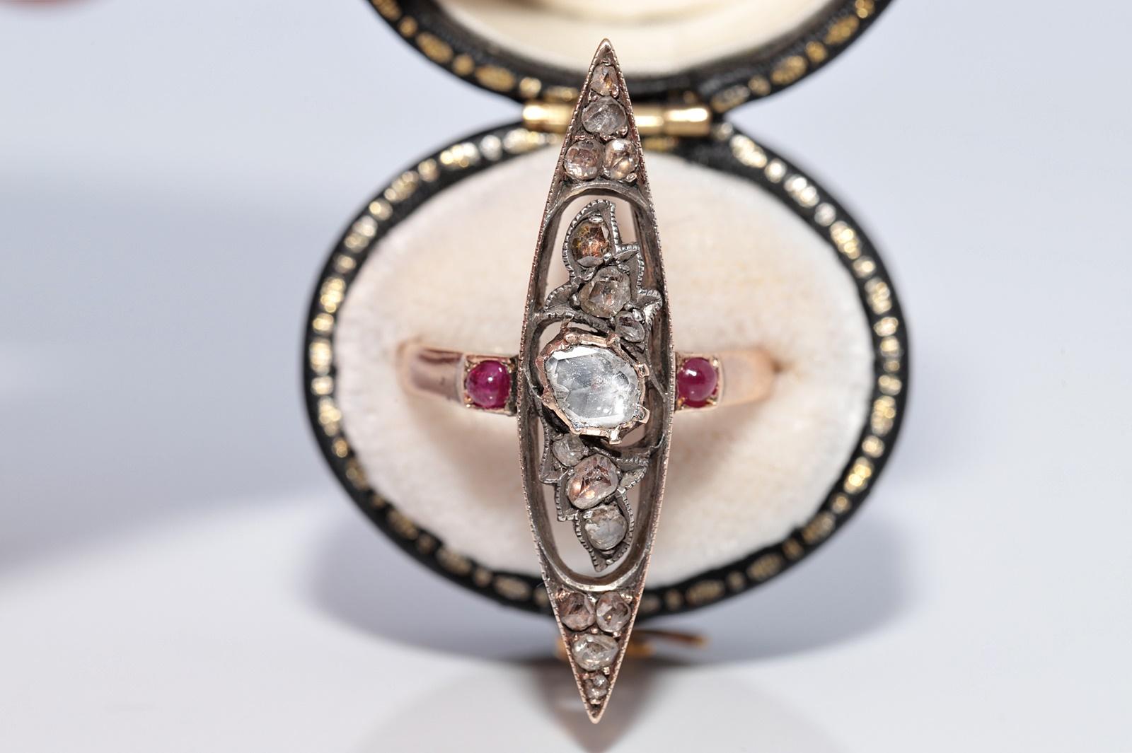 Antike 12k Gold Top Silber natürlichen Rosenschliff Diamant und Rubin Navette Ring im Angebot 1