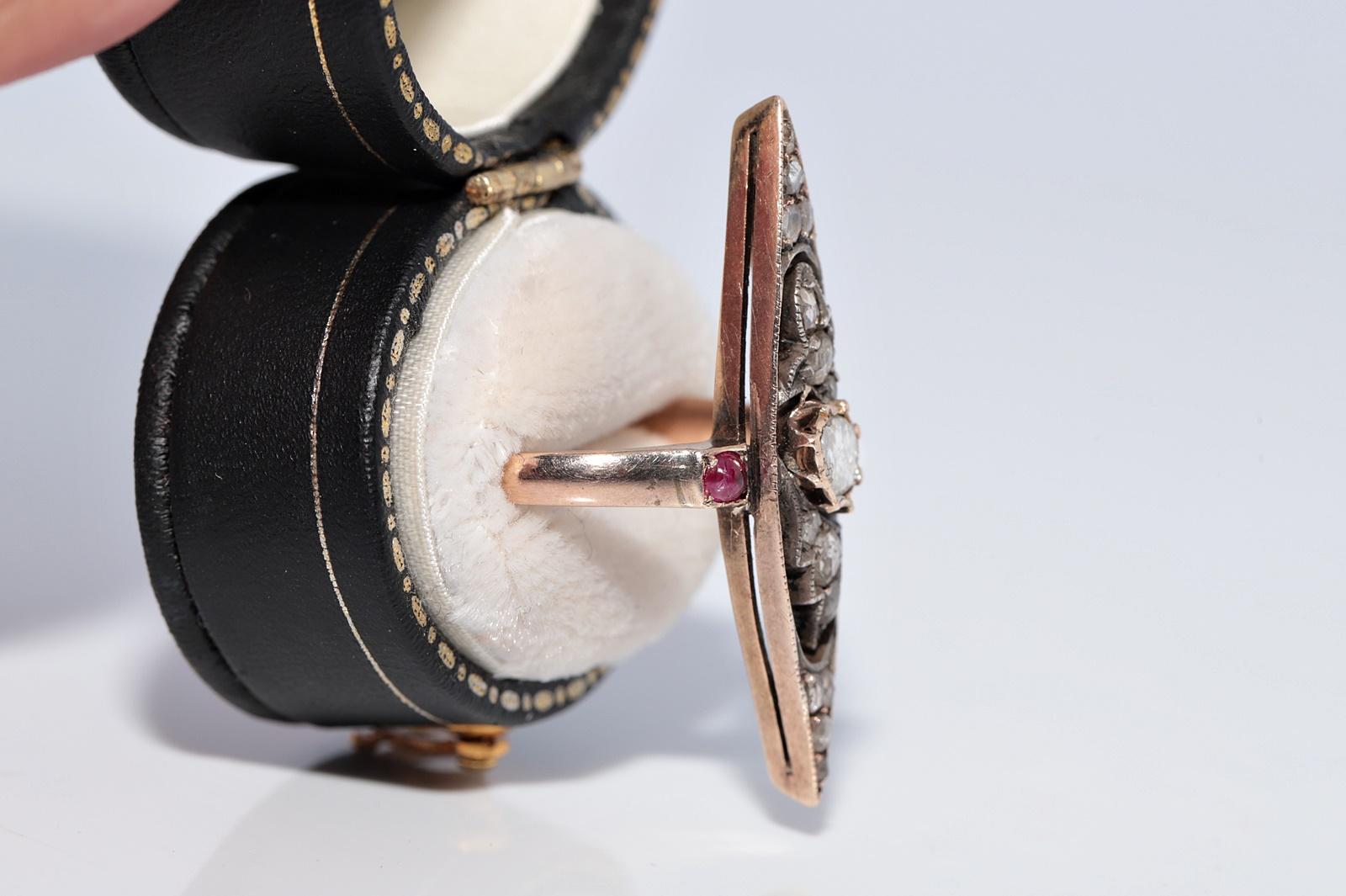Antike 12k Gold Top Silber natürlichen Rosenschliff Diamant und Rubin Navette Ring im Angebot 2