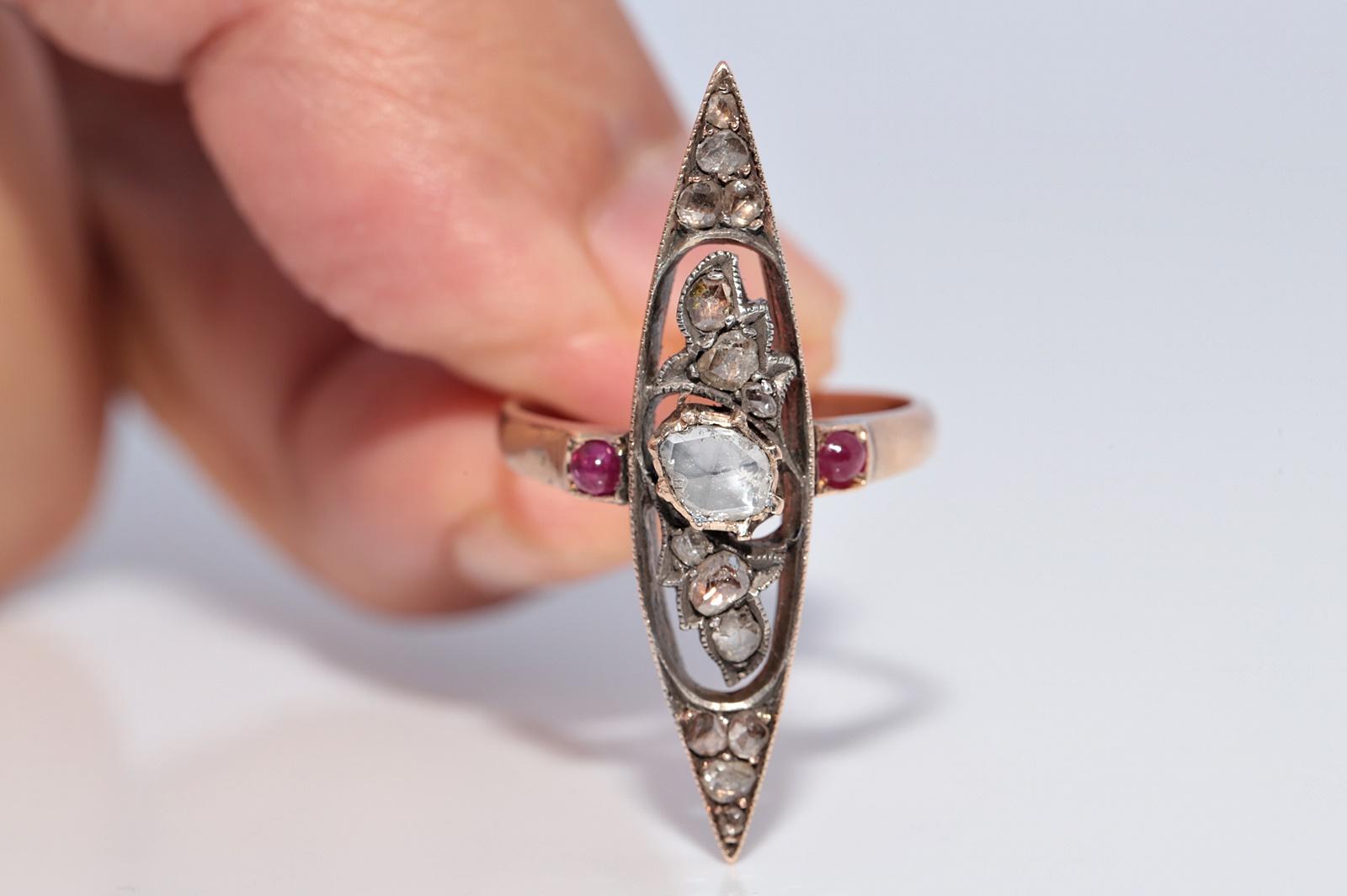 Antike 12k Gold Top Silber natürlichen Rosenschliff Diamant und Rubin Navette Ring im Angebot 3