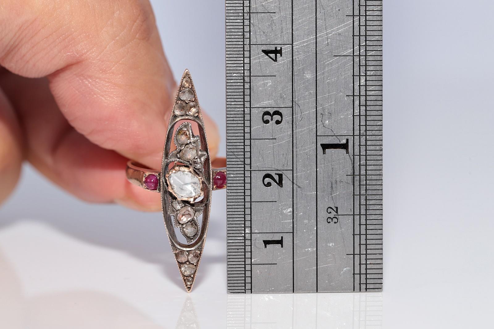 Antike 12k Gold Top Silber natürlichen Rosenschliff Diamant und Rubin Navette Ring im Angebot 4