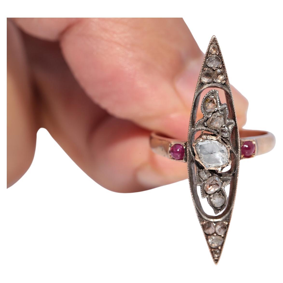Bague ancienne en argent 12k avec diamant naturel taillé en rose et navette en rubis