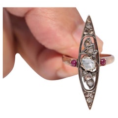 Antique 12k Gold Top Silver Natural Rose Cut Diamond And Ruby Navette Ring