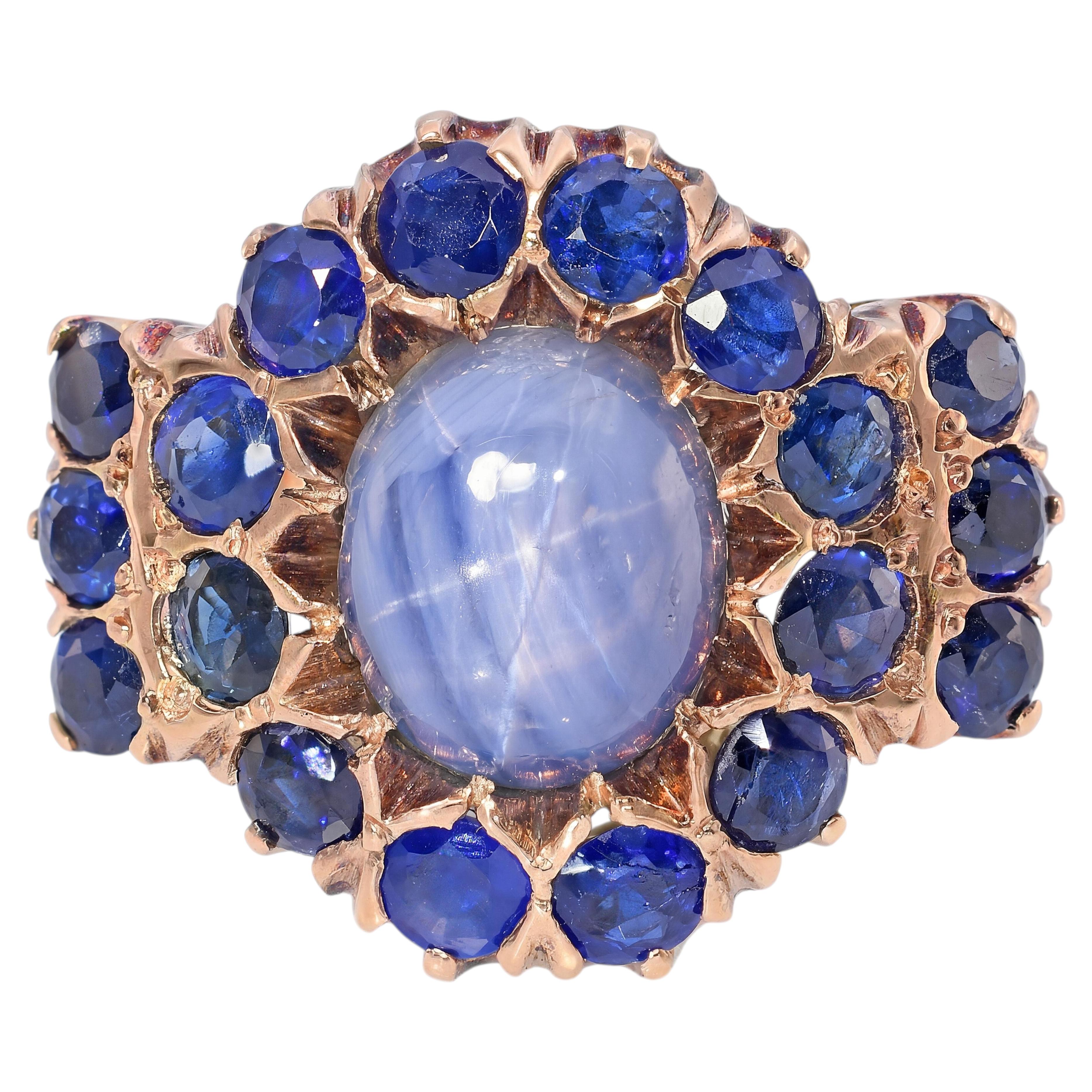 Antiker 12k Rose Gold 7,34ct Stern Saphir & Blauer Saphir Statement Ring
