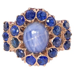 Antiker 12k Rose Gold 7,34ct Stern Saphir & Blauer Saphir Statement Ring