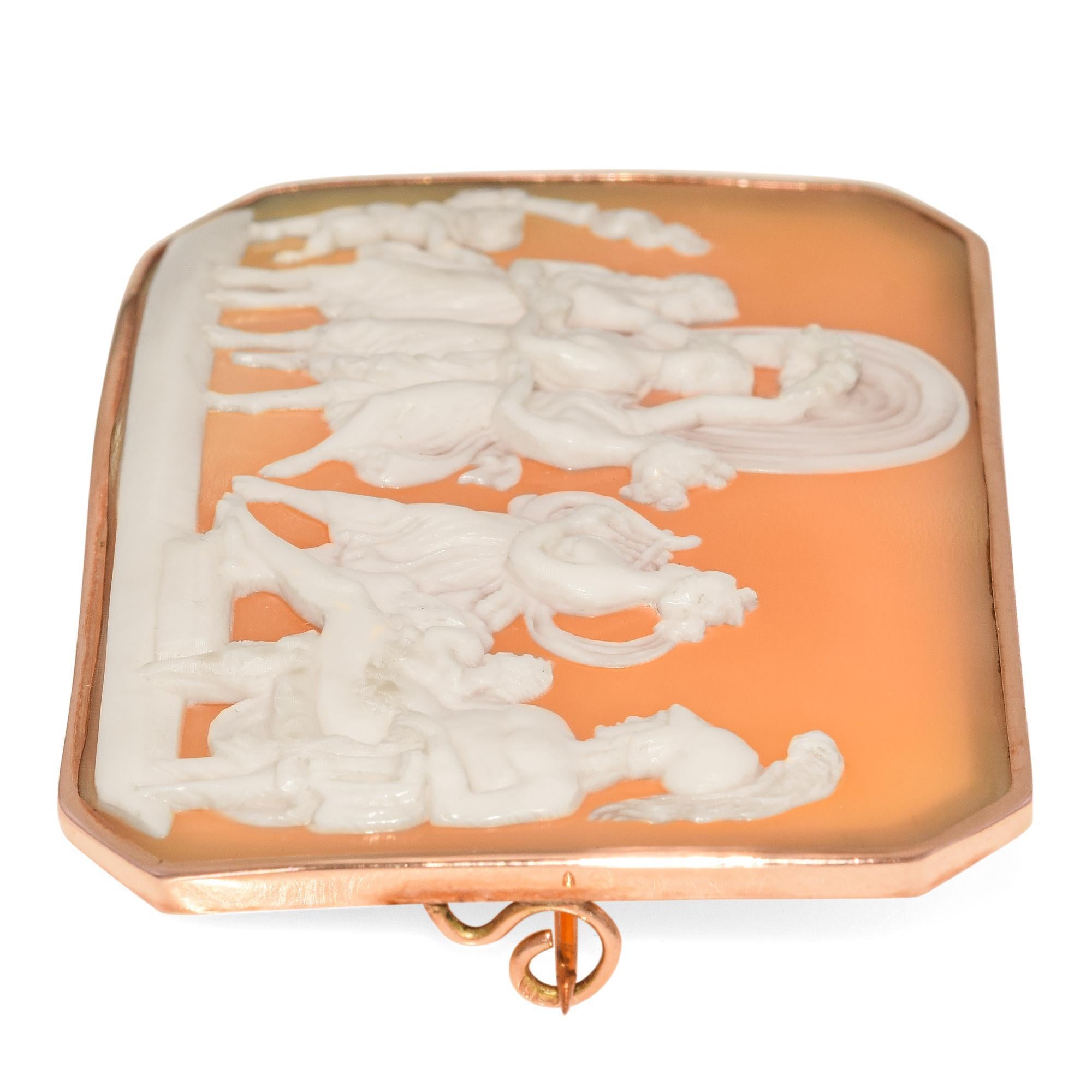 Women's Antique 12K Rose Gold Mars Venus & 3 Graces Shell Cameo Brooch For Sale