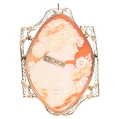 Antique 12K White Gold Filigree Frame Diamond Cameo Pendant Brooch