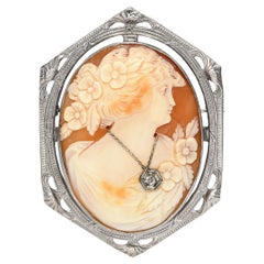 Antique 12k White Gold Lady With Diamond Necklace Cameo Brooch