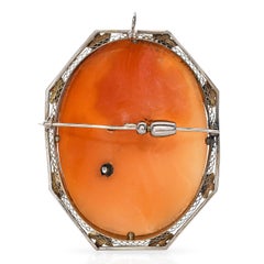 Antique 12k White Gold Lady with Diamond Necklace Shell Cameo Brooch