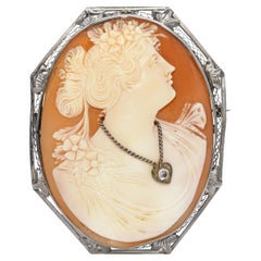 Antique 12k White Gold Lady with Diamond Necklace Shell Cameo Brooch