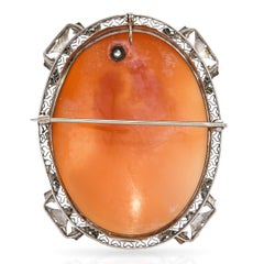Antique 12k White Gold Shell Cameo with Diamond Accent Brooch