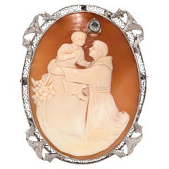 Antique 12k White Gold Shell Cameo with Diamond Accent Brooch