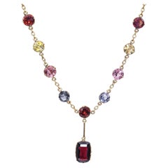 Antique 12k Yellow Gold 6.4tcw Garnet & 5.4tcw Sapphire Station Necklace