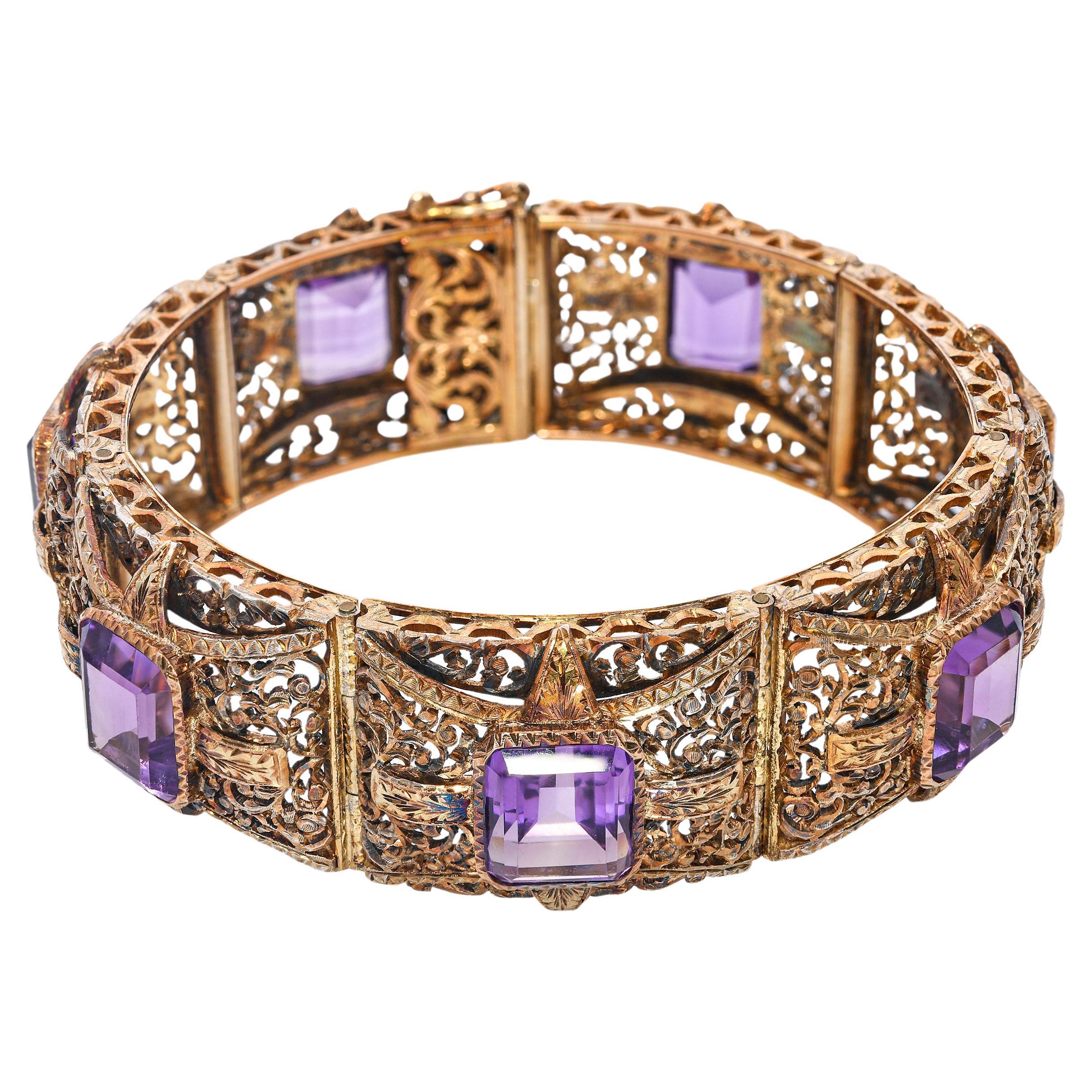 Antique 12k Yellow Gold Amethyst 28.56tcw Filigree Motif Decorative Bracelet For Sale