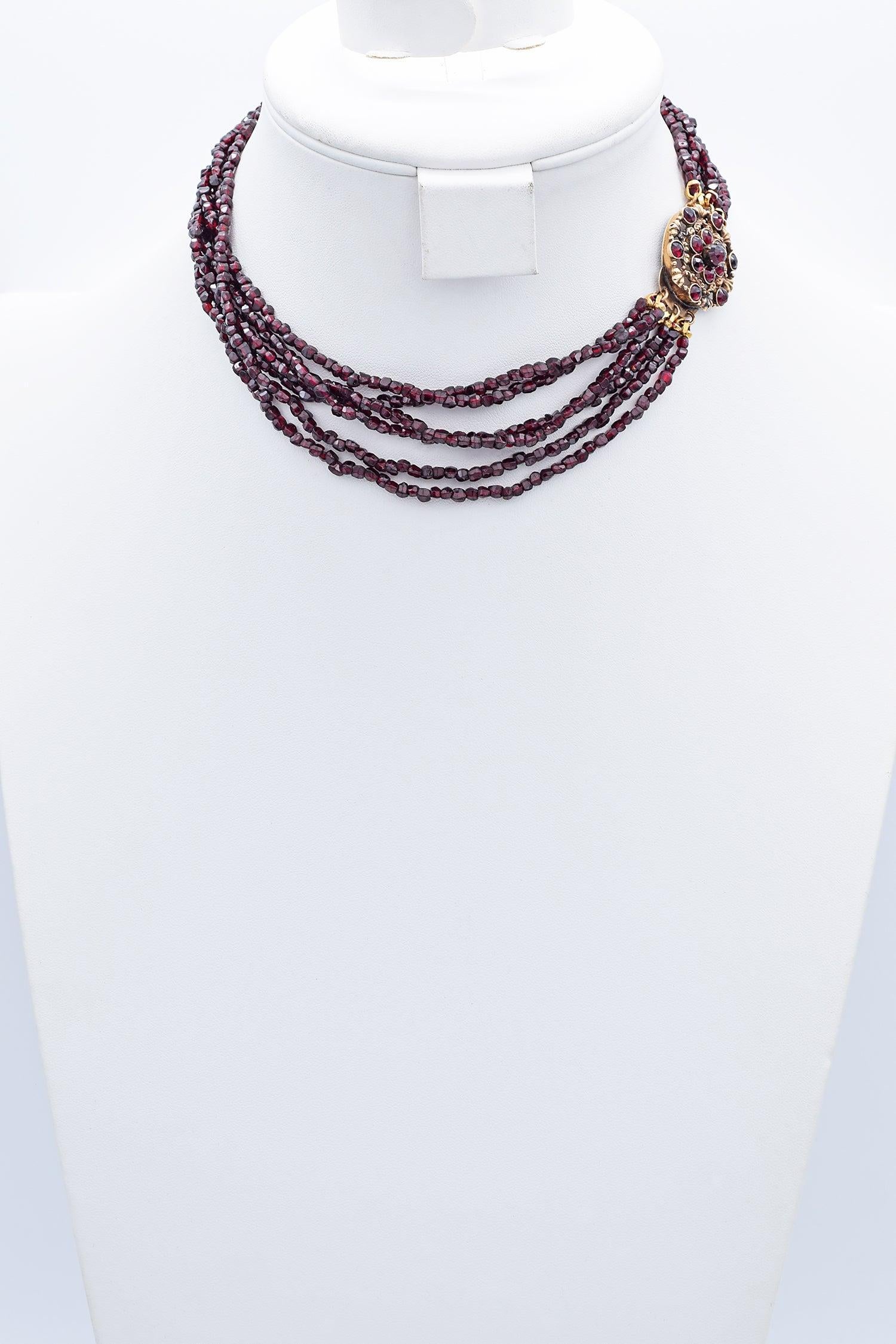 Tumbled Antique 12k Yellow Gold Garnet Beaded Multi-Strand Necklace For Sale