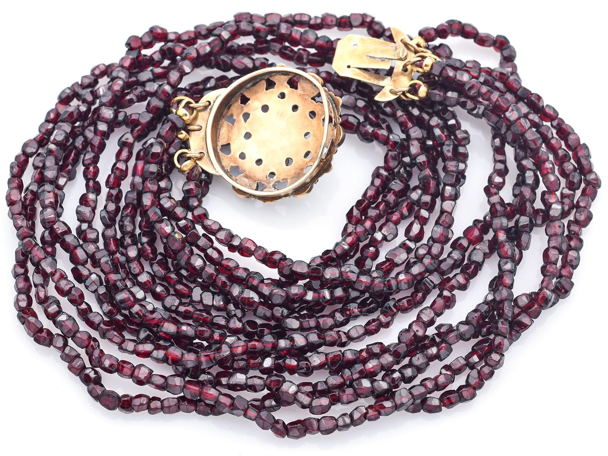 Antique 12k Yellow Gold Garnet Beaded Multi-Strand Necklace In Good Condition For Sale In New York, NY