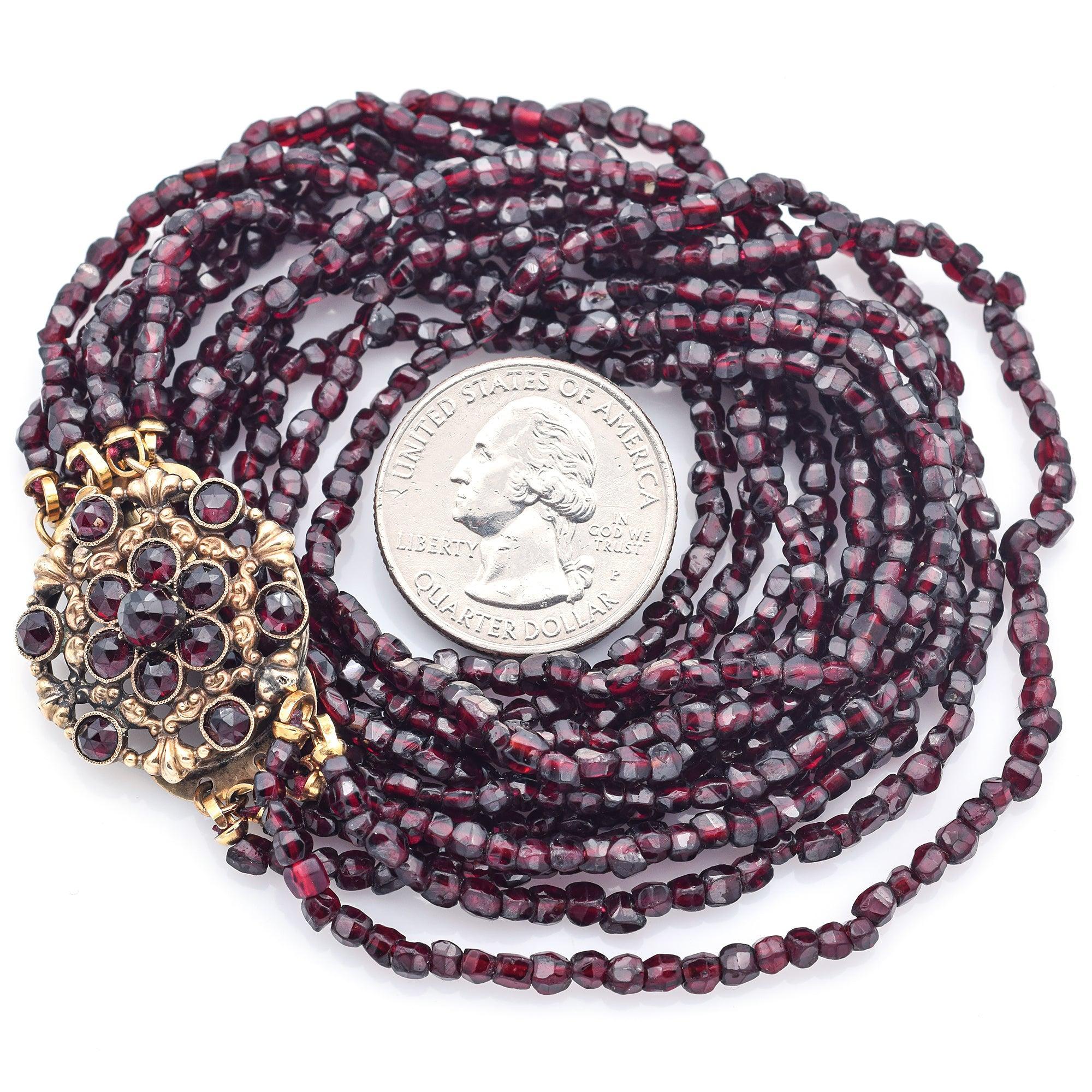 Women's Antique 12k Yellow Gold Garnet Beaded Multi-Strand Necklace For Sale