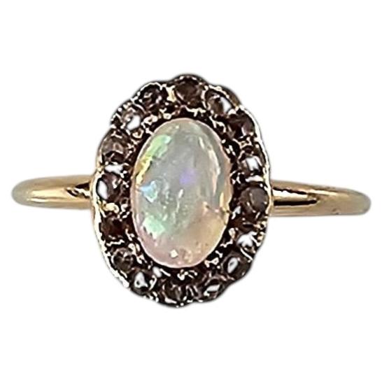 Anillo antiguo de oro amarillo de 12 quilates con halo de ópalo y diamantes, tamaño 7,75 #24899