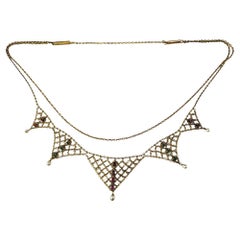 Antique 13 - 14K Yellow Gold Gemstone and Pearl Mesh Collar Necklace #18404