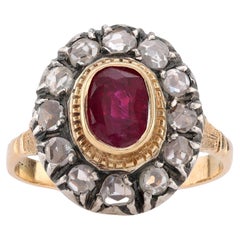 Bague grappe ancienne en or jaune 18 carats, diamants et rubis de 1,3 carat, sans chaleur