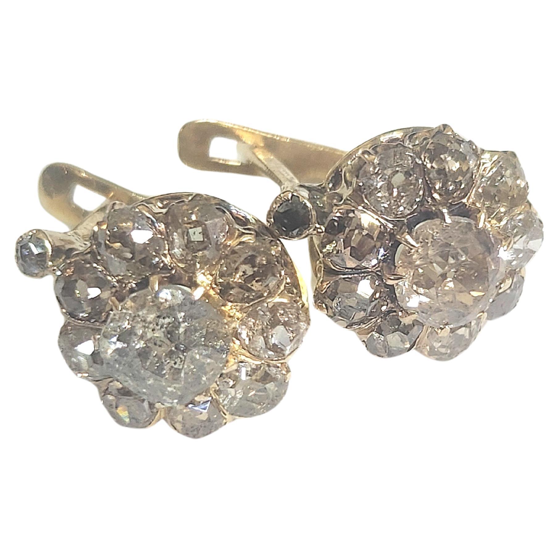 Women's Antique 1.3 Carats Old Mine Cut Diamond Gold Earrings For Sale