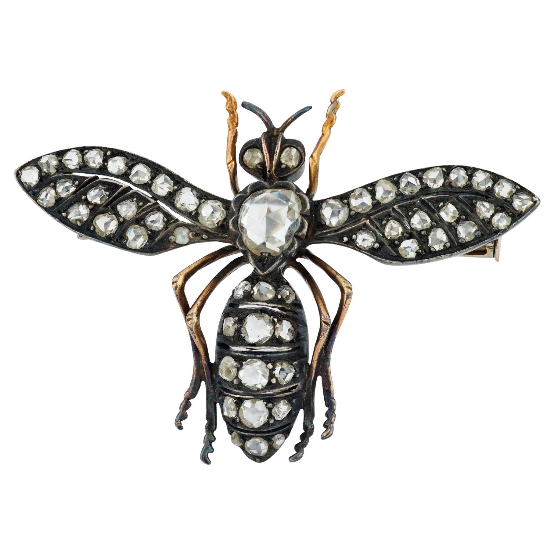 Antique 1.30 carat rose cut diamond 18k yellow gold silver insect brooch