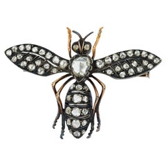 Antique 1.30 carat rose cut diamond 18k yellow gold silver insect brooch