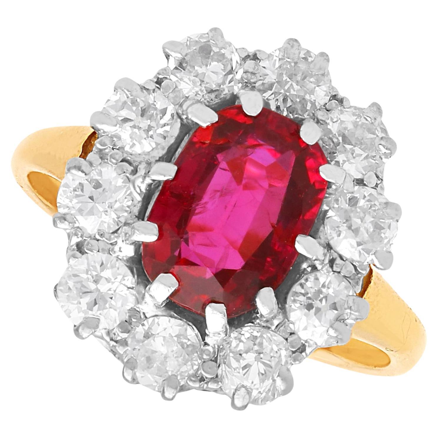 Antique 1.30 Carat Ruby 1 Carat Diamond 18k Yellow Gold Cluster Ring Circa 1935