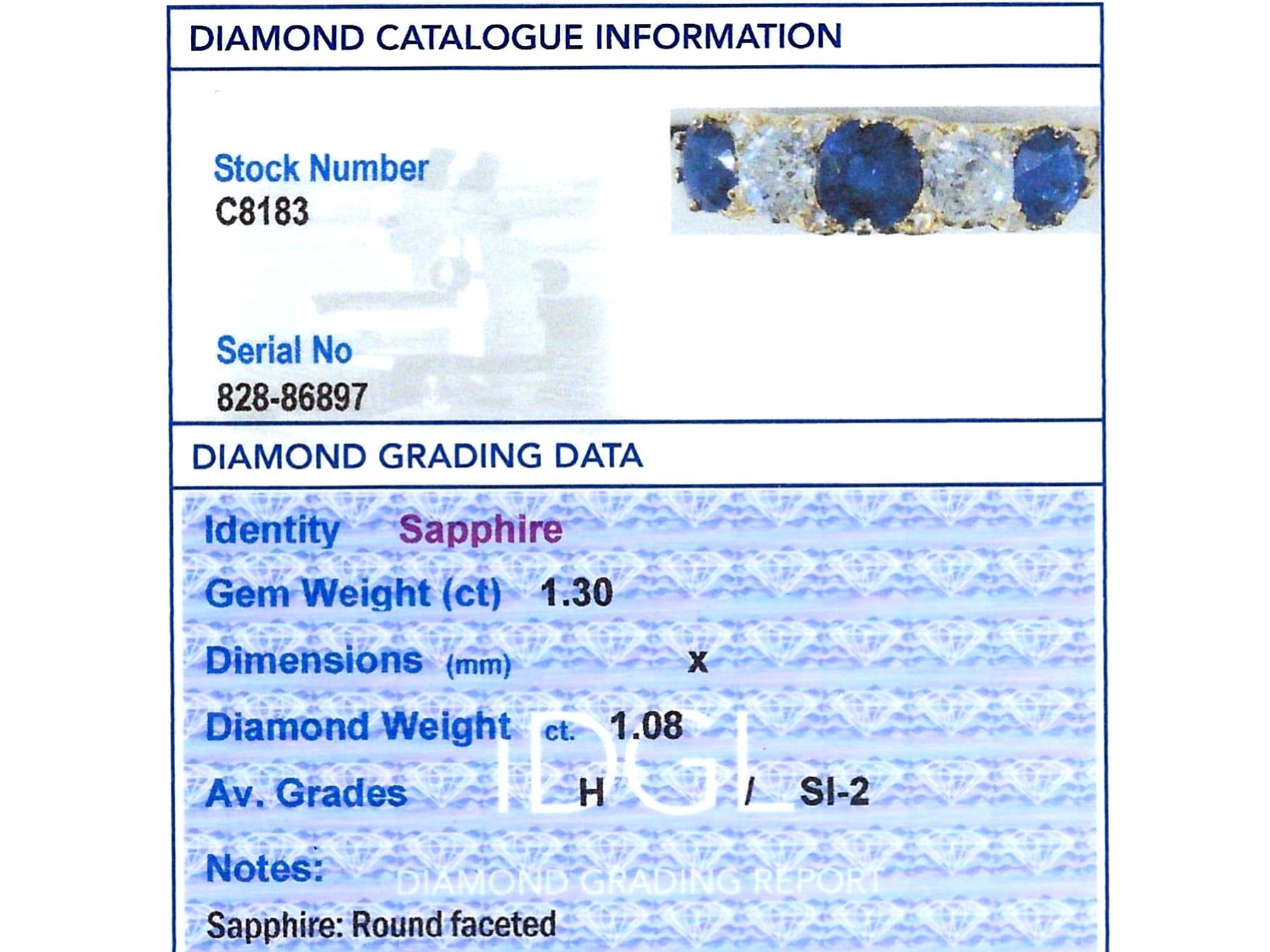 Antiker 1,30 Karat Saphir 1,08 Karat Diamant 18k Gelbgold Fünf-Stein-Ring  im Angebot 5