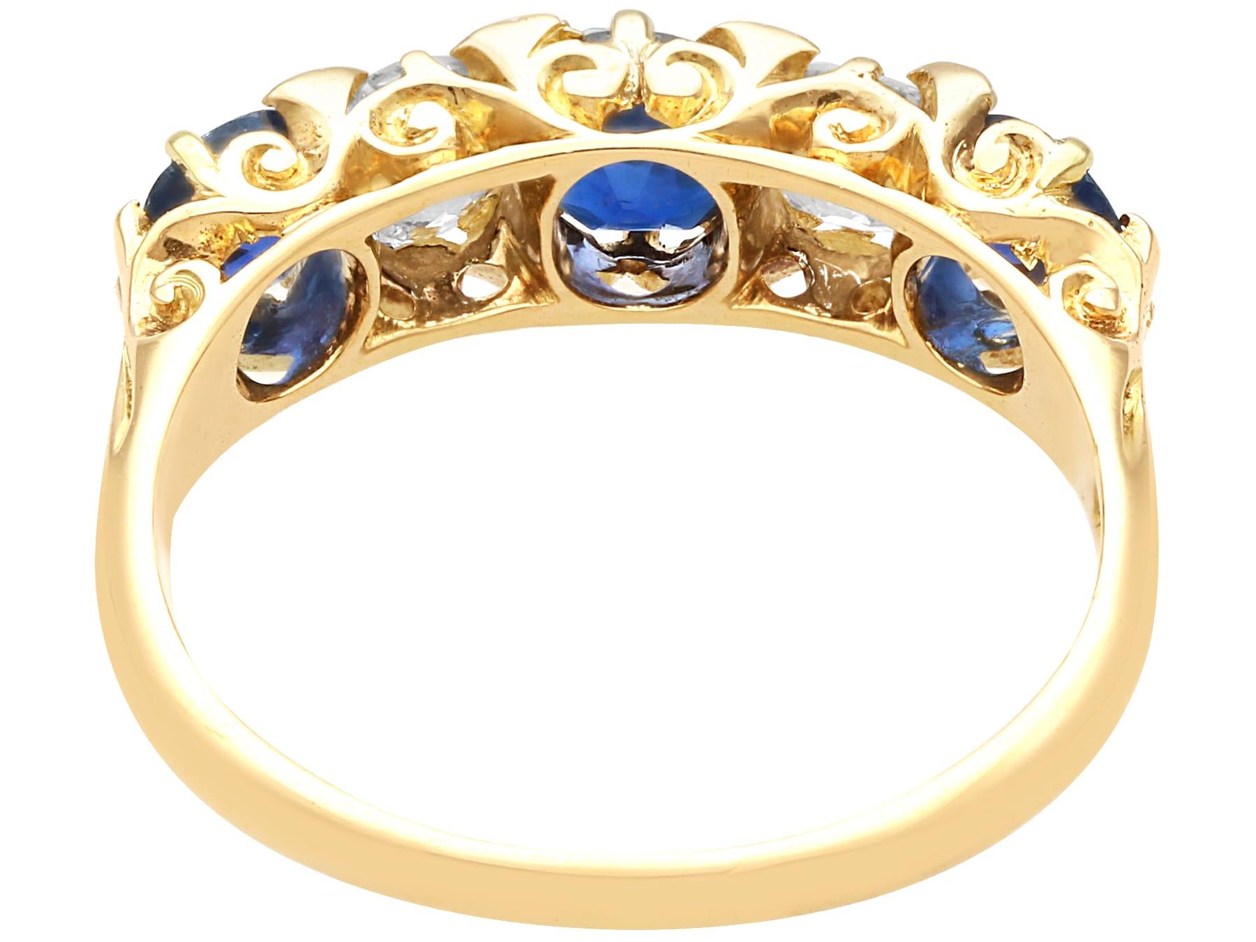 Round Cut Antique 1.30Ct Sapphire 1.08Ct Diamond 18k Yellow Gold Five Stone Ring  For Sale