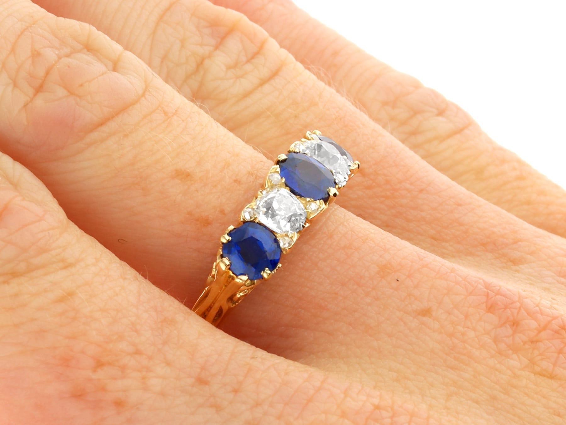 Antique 1.30Ct Sapphire 1.08Ct Diamond 18k Yellow Gold Five Stone Ring  For Sale 2