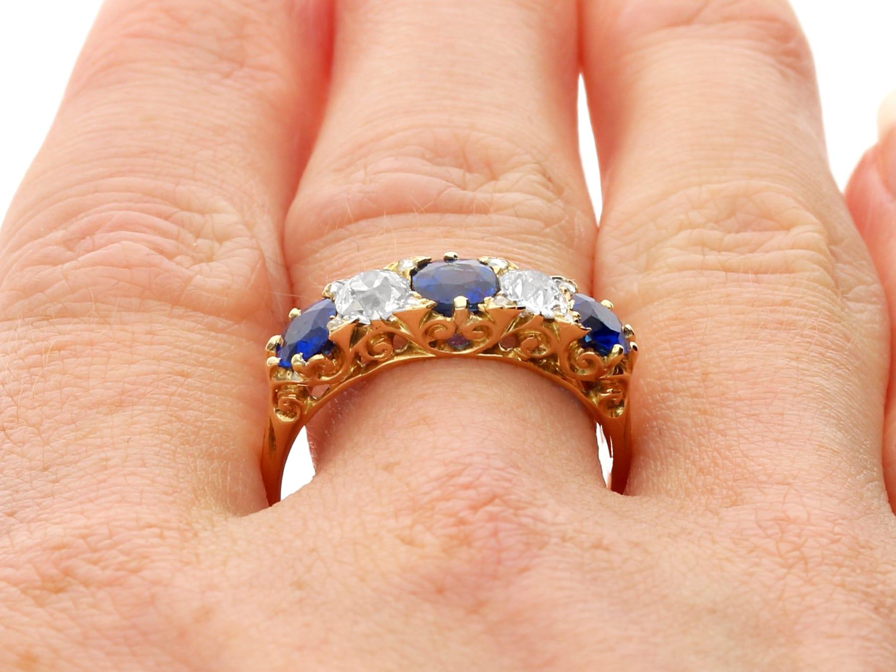 Antique 1.30Ct Sapphire 1.08Ct Diamond 18k Yellow Gold Five Stone Ring  For Sale 3