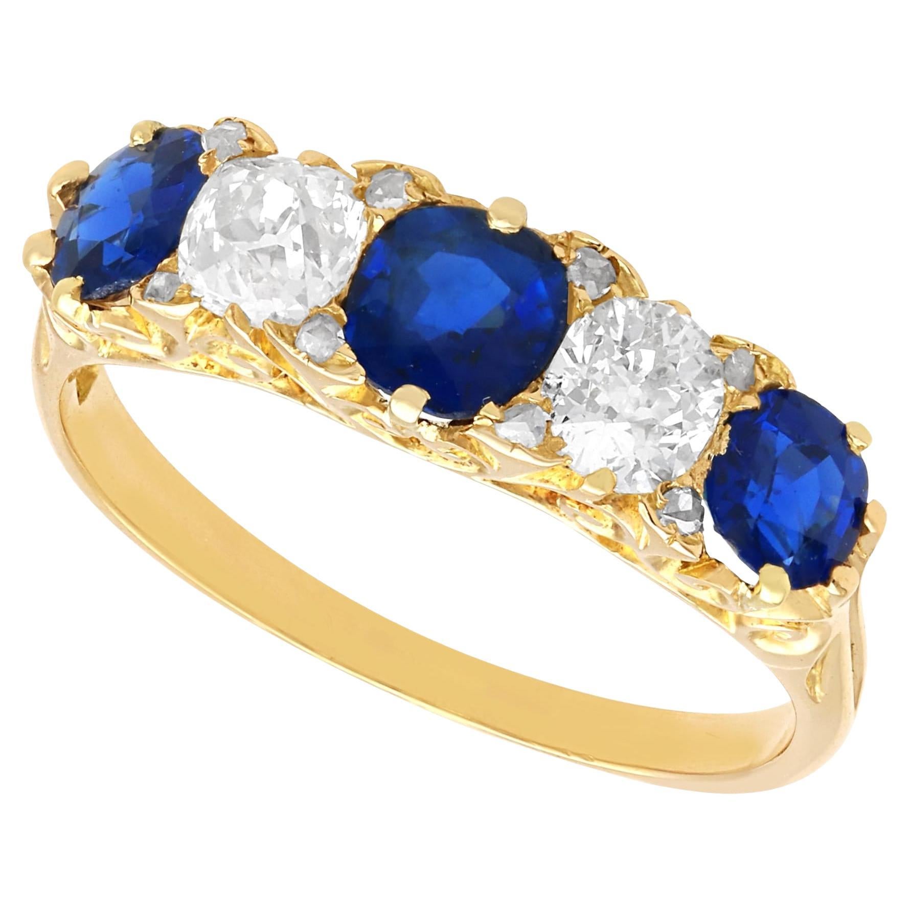 Antique 1.30Ct Sapphire 1.08Ct Diamond 18k Yellow Gold Five Stone Ring  For Sale