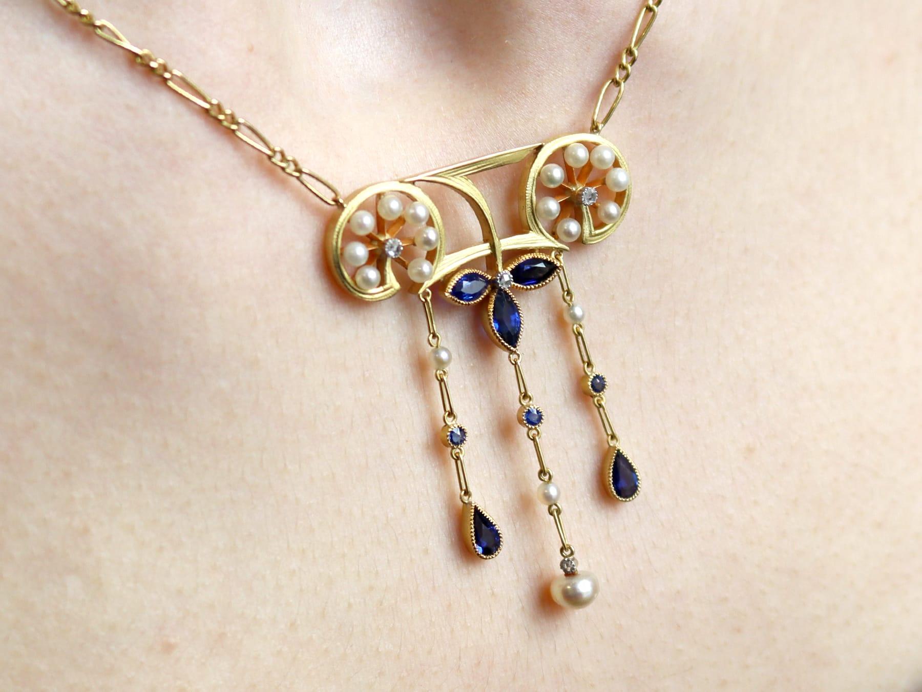 Pendentif ancien en or jaune 18 carats, saphir, perle naturelle et diamant de 1,30 carat en vente 4