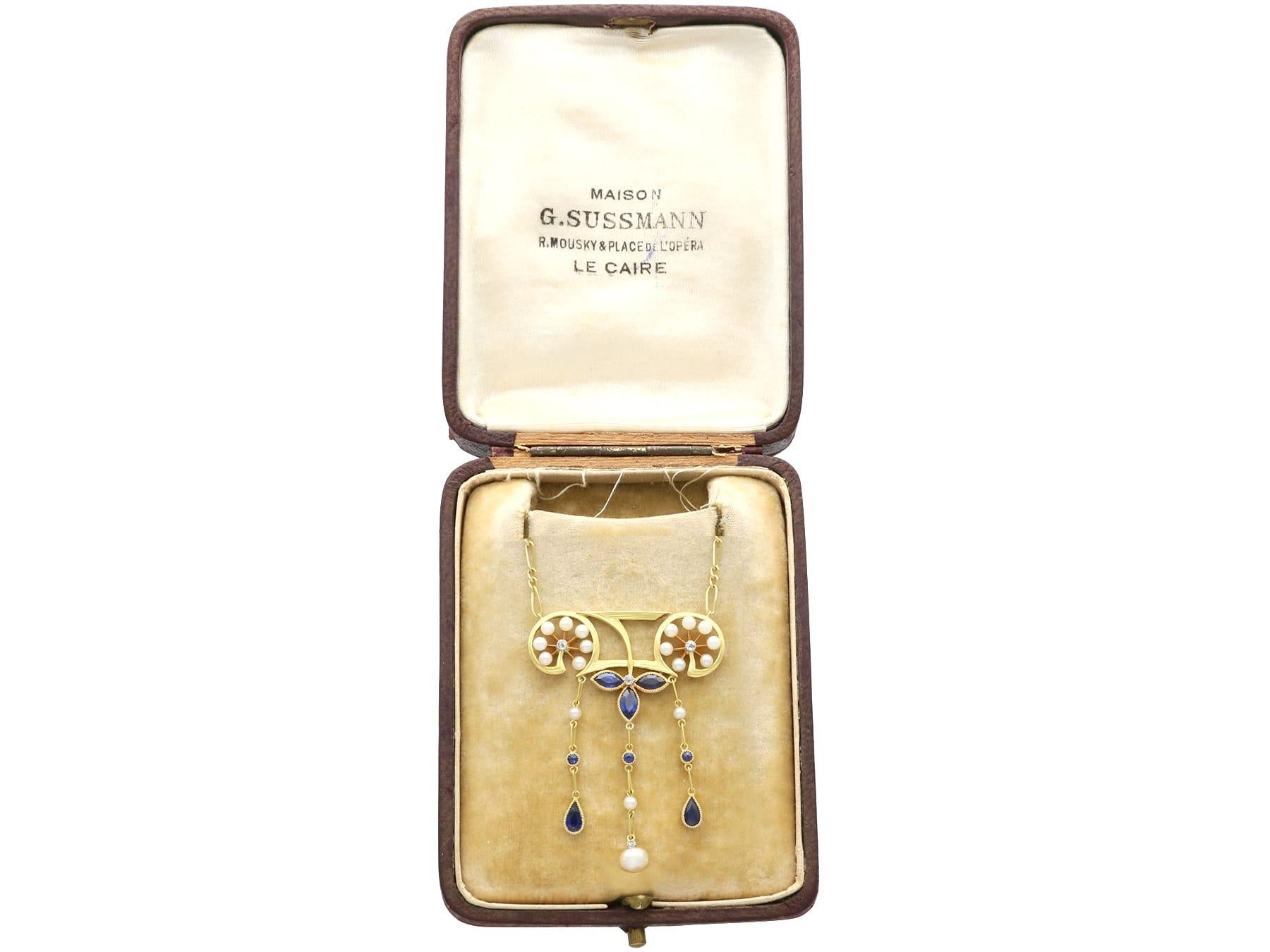 Pendentif ancien en or jaune 18 carats, saphir, perle naturelle et diamant de 1,30 carat en vente 8