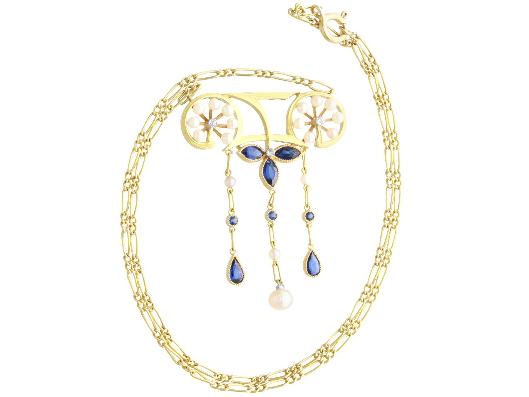 Taille mixte Pendentif ancien en or jaune 18 carats, saphir, perle naturelle et diamant de 1,30 carat en vente