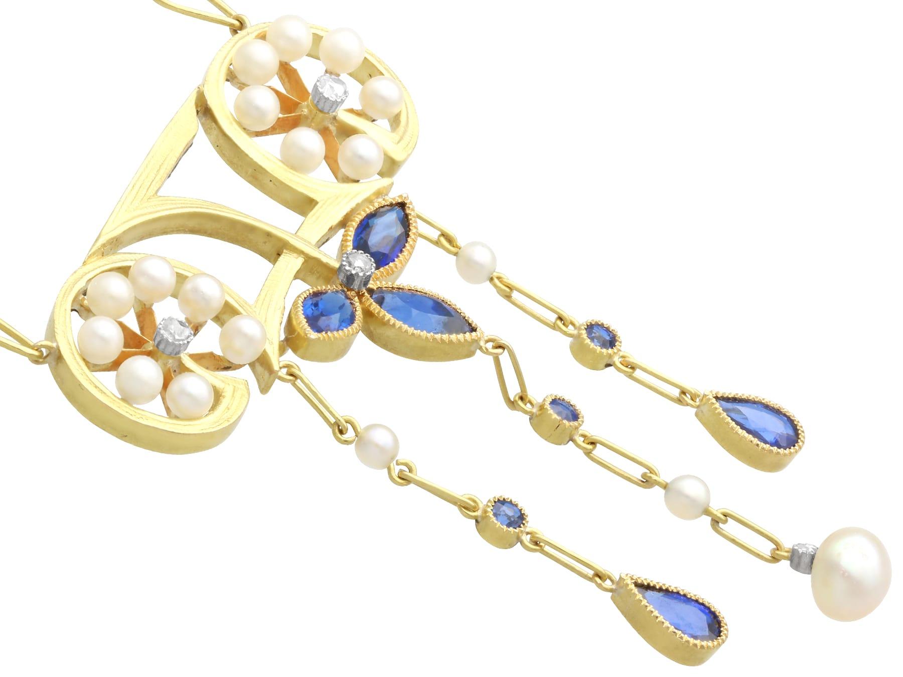 Pendentif ancien en or jaune 18 carats, saphir, perle naturelle et diamant de 1,30 carat Excellent état - En vente à Jesmond, Newcastle Upon Tyne