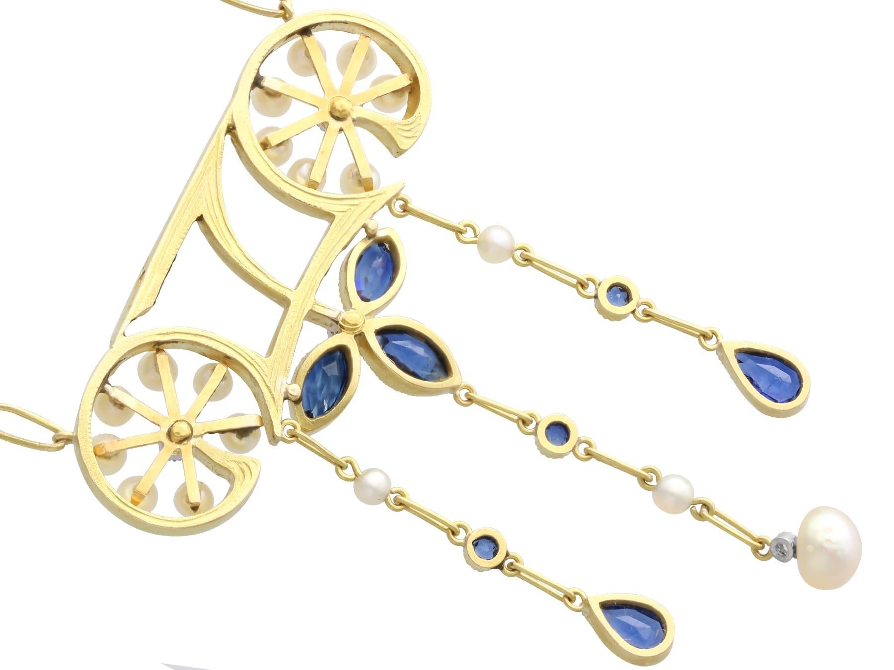 Pendentif ancien en or jaune 18 carats, saphir, perle naturelle et diamant de 1,30 carat Unisexe en vente