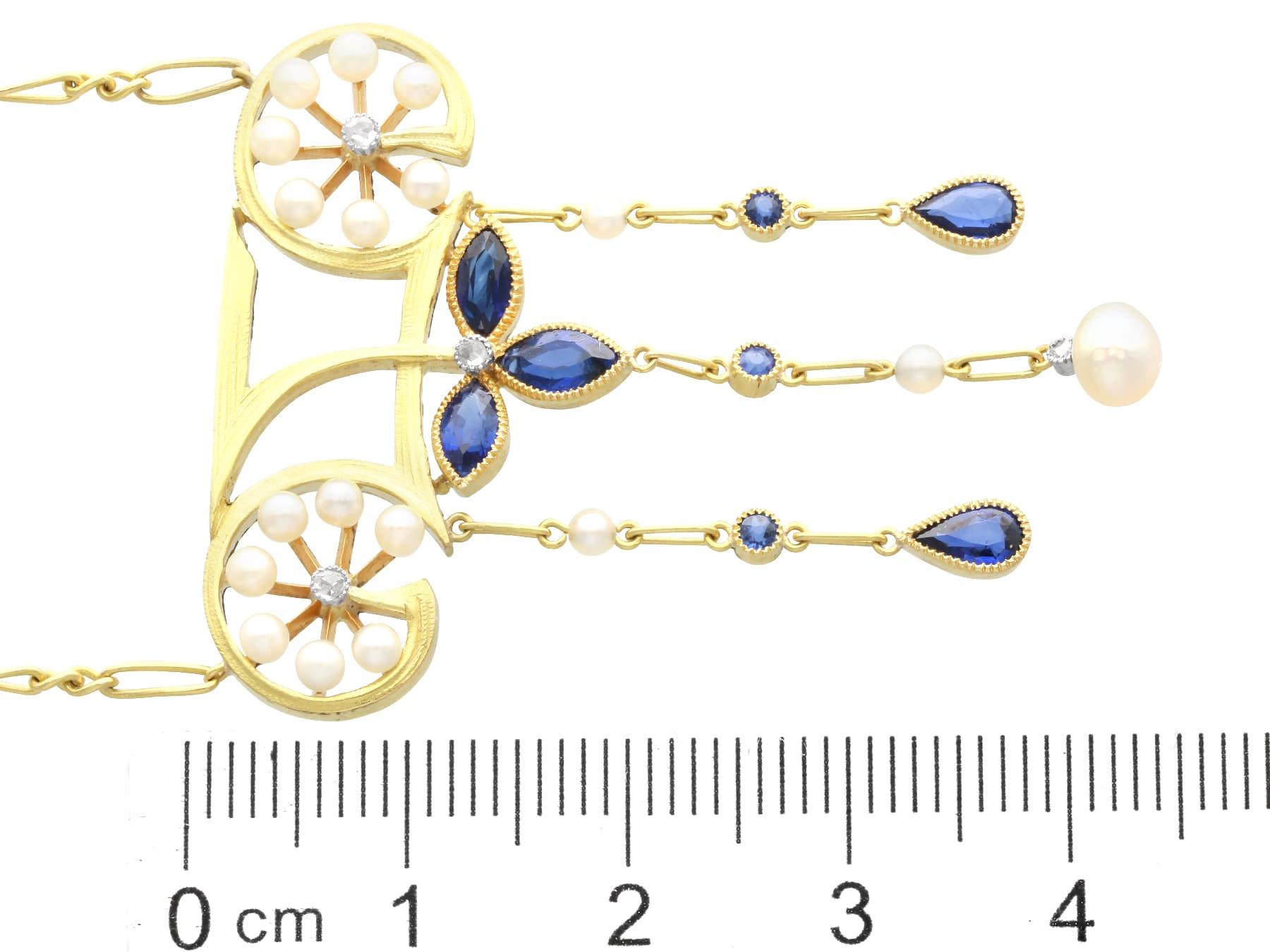 Pendentif ancien en or jaune 18 carats, saphir, perle naturelle et diamant de 1,30 carat en vente 1